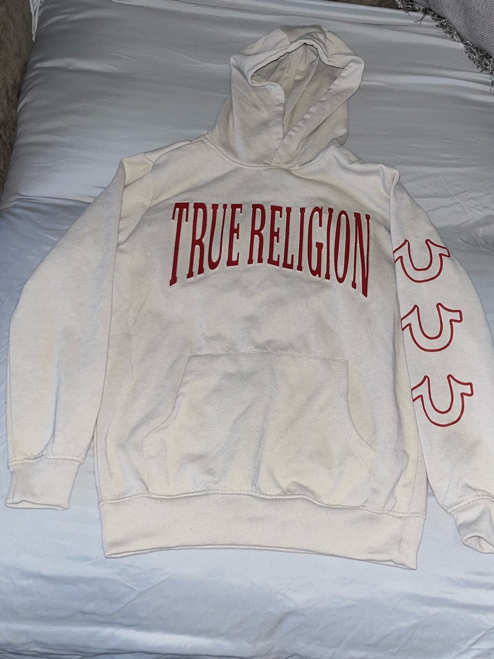 True Religion Cream Pullover Hoodie with Red Logo